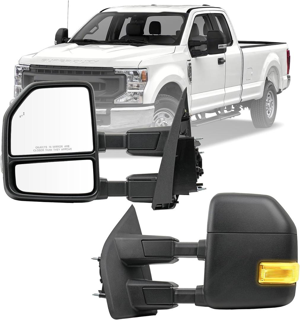 Driver Left Side Towing Mirrors Fit for 2017 2018 2019 2020 Ford F250 F350 F450 F550 Super Duty Pickup Truck - Power Heated with Turn Light, Spot Auxiliary Light Blacking Housing