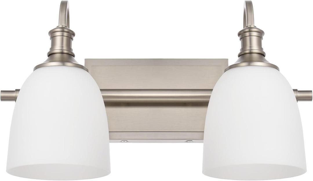 Bathroom Vanity Light Fixtures, Vintage Brushed Nickel 2 Lights Wall Sconce Lighting with Opal Glass Shade, Porch Wall Mount Light Fixture for Bathroom, Mirror Cabinets Hallway Stairs