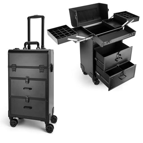 Yokilly Rolling Makeup Train Case, Professional Cosmetology Case on Wheels, Aluminum Cosmetic Trolley Travelling Cart Trunk with Swivel Wheels, Sliding Drawer & Keys for Nail Technician Stylist(Black), 22x14x9
