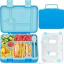 Kids Bento Lunch Box with Ice Pack, 5 Compartments Leak-Proof Bento Box with Utensils, 5.5-Cup Capacity for Adults & Ages 8+, BPA Free, Microwave & Dishwasher Safe, Blue