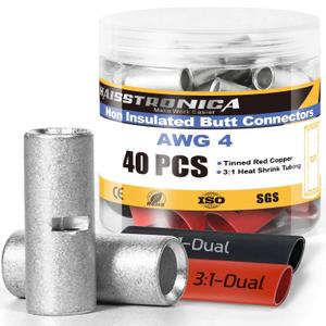 haisstronica 40PCS Non Insulated Butt Connectors Kit with Heat Shrink Tubing, AWG 4 Tinned Copper Seamless Butt Splice Terminals and 3:1 Shrink Tube for Automotive, Marine, Wiring Projects
