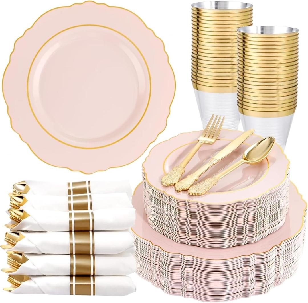 Liacere 350PCS Pink Plates Disposable-PinK Plates 50guest Baroque Plastic Dinnerware include 100Plates, 50Pack Pre Rolled Napkins with Silverware 50Cups Perfect for Wedding Party & Mothers Day