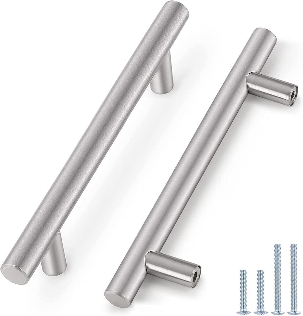Probrico 12 Pack 5" Holes Cabinet Pulls Brushed Nickel Finished, Stainless Steel Kitchen Cupboard Handles Euro T Bar Cabinet Handles and Knobs, 7-1/2" Overall Length