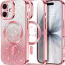 Hython for iPhone 17 Case Glitter, Compatible with MagSafe Love Heart Magnetic Clear Phone Cases for Women Girls, Full Camera Protection Sparkle Plating Shockproof Protective Cover, Pink