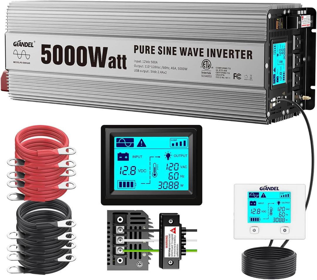 GIANDEL Power Inverter 5000 Watt Pure Sine Wave ETL UL458 Listed Converts 12 V to 120 Vac with Hard Wire Terminals & Push Mount Remote with Big LCD Display for Solar System RV Trucks Camper Boats