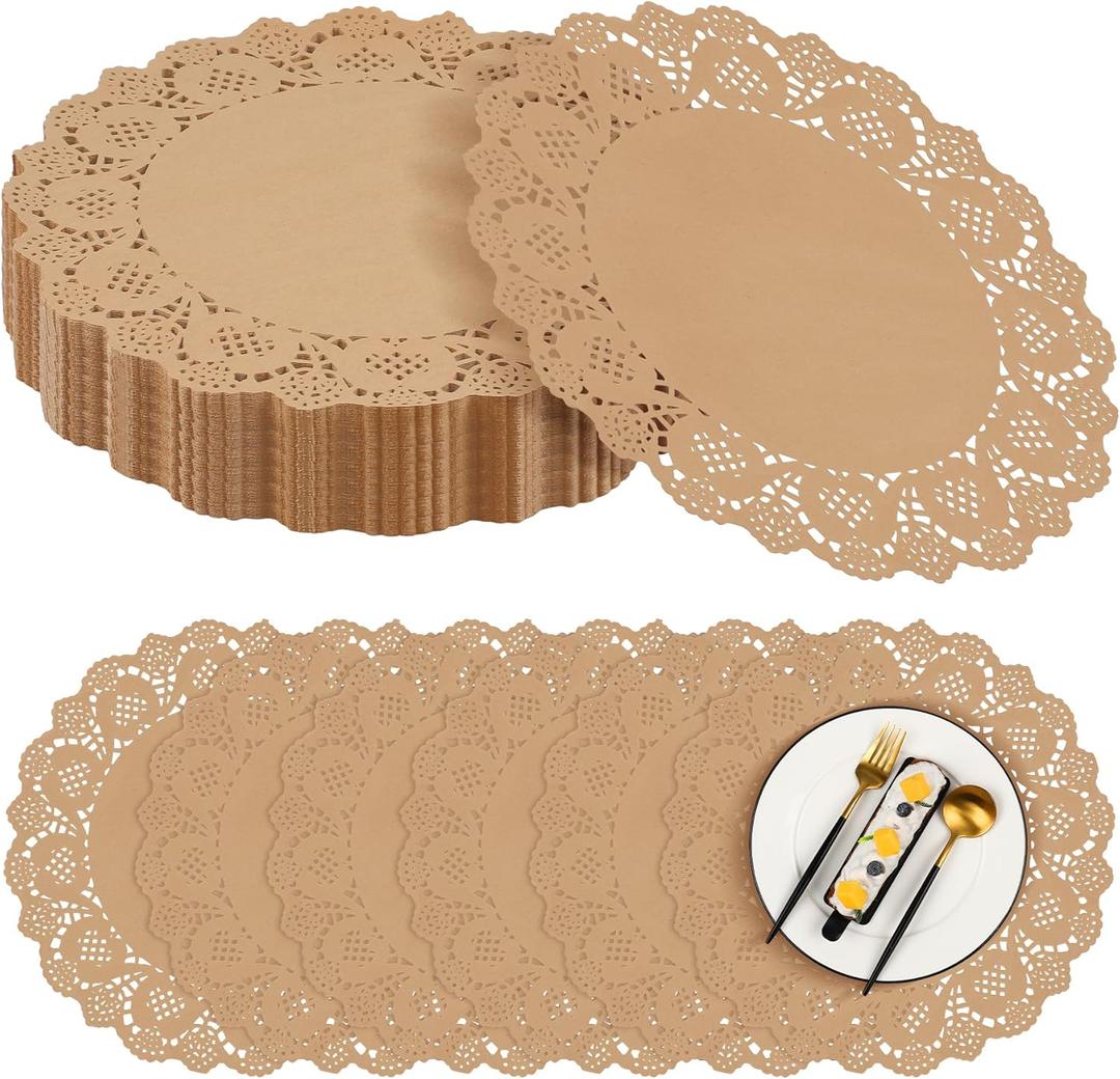 MCEAST 300 Pack Round Brown Kraft Paper Doilies 13.5 Inches Lace Paper Place Mats Rustic Scallop Doily Disposable Table Pads for Food Cakes Crafts Party Weddings Tableware Decor