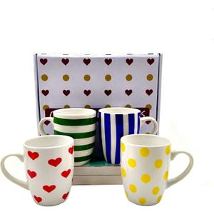 Colorful Porcelain Mug Set of 4 Include Stripes, Polka Dot & Heart Ceramic Coffee Mugs, Gift Boxed Kitchen Cup Set, Bright Everyday Cups for Family, Office & Parties,Housewarming Gift