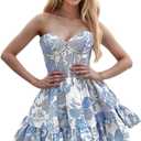Mollyevers Short Floral Homecoming Dresses for Teens Strapless Corset Prom Cocktail Dress with Pockets (6, Blue)
