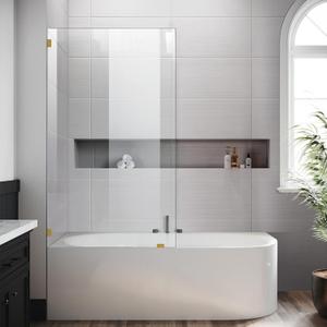 Bathtub Shower Glass Door 34 * 58 Inch, Bathroom Frameless Fixed Shower Door with 3PCS Clamps, 1/4"(6MM) Thick Clear Tempered Glass Door, Brushed Gold
