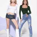 MANGOPOP Women's Square Neck Top Double Lined Short Sleeve Long Sleeve T Shirt Fitted Seamless Tee (Green, L)