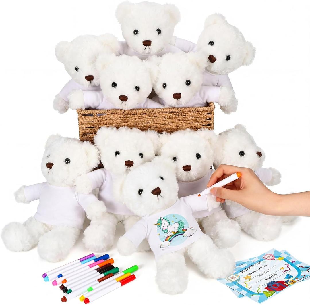 40 Pcs Make Your Own Stuffed Animal Bear Kit DIY 2026 Graduation Plush Gift 10 Pcs 9.84 Inches Rose Velvet Bear 10 White T Shirt 10 Set 12 Color Pen and Card for Graduates Party Craft Gift(White)