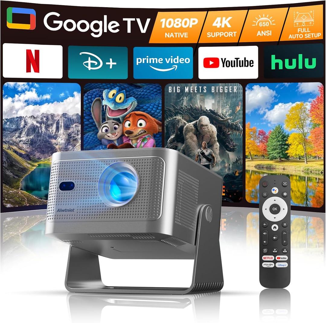 Smart Projector with Google TV, 4K Support Portable Mini Projector with Wifi and Bluetooth, Auto Focus & Obstacle Avoidance, TV Stick, 650 ANSI & Voice Control, HY350GT Home Theater Proyector Outdoor (Grey)