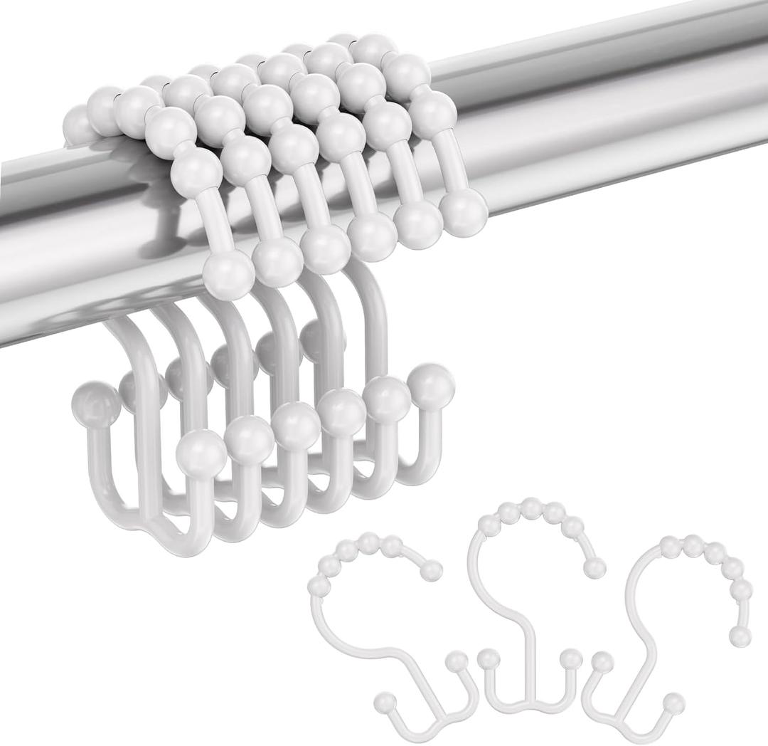 Amazer Plastic Shower Curtain Hooks, Double Shower Curtain Rings, Shower Rings for Shower Curtain, White Shower Hooks for Curtain Liner Bathroom - 12 Pcs