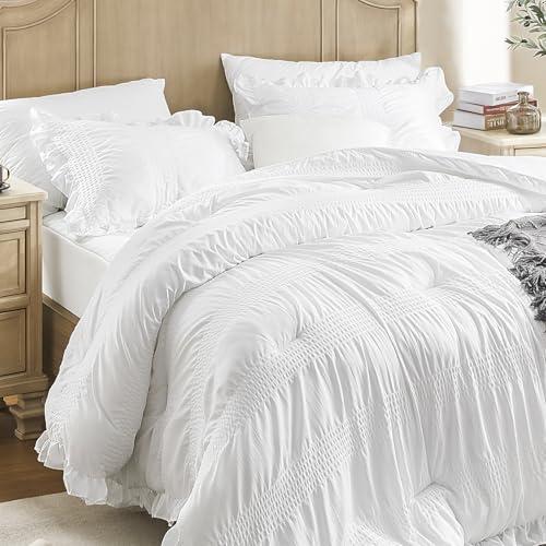 Queen Comforter Set Seersucker 7 Pieces Luxury Ruffle Bed in a Bag Queen Size for All Season White Bedding Set with Comforter, Pillowcases, Flat Sheet, Fitted Sheet and Pillow Shams