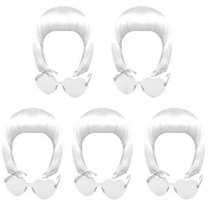 KUUQA 10 Pieces White Party Wigs and Sunglass Set, White Short Bob Wig Sunglass Pack Costume Colorful Cosplay Wig Daily Party Hairpieces for Bachelorette Neon Party Favors, Halloween and Decorations