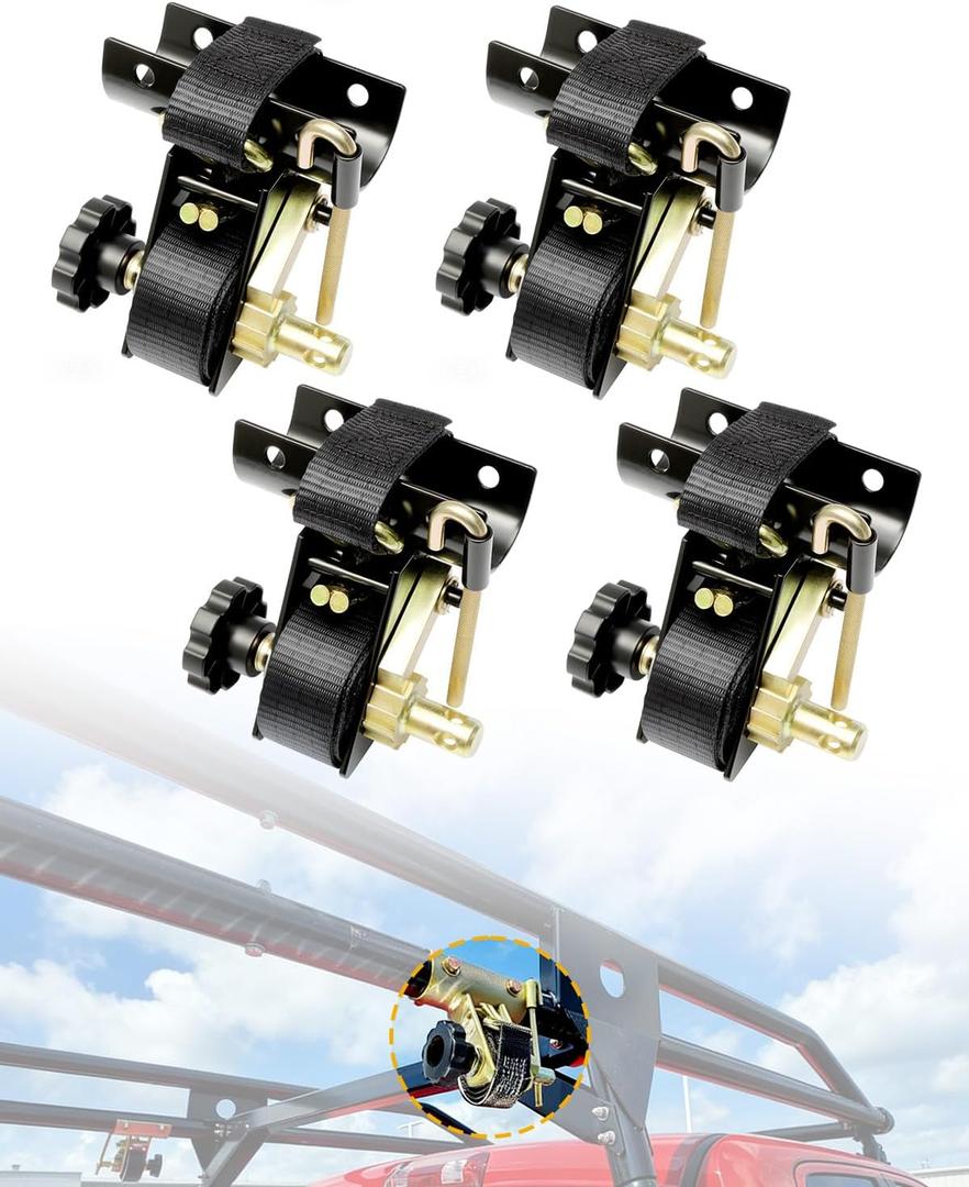 Ladder Rack Ratchet Straps with J-Hook (4PCS), 2" Black Round Tube Mount, 1.5" Wide x 7.5' Long Black Retractable Ratchet Tie Down Strap Roof Rack, 500 lbs Load Heavy Duty Cargo Buckle Rack Lock Strap