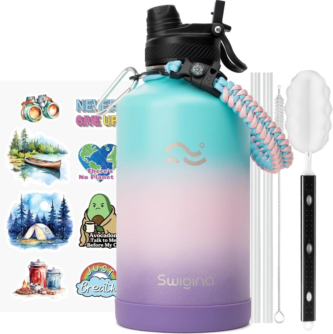 Swigina [2-IN-1 LID] 64 oz Insulated Water Bottle with Silicone Boot (48hrs Cold/24hrs Hot) - DIY Stickers, Leakproof, BPA Free, Half Gallon (Hydrangea)