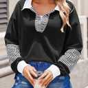 Zeagoo Sweatshirt for Women 2025 Color Block Fall Shirts V Neck Tops Loose Fit blouses long sleeves Polo Pullover Black L