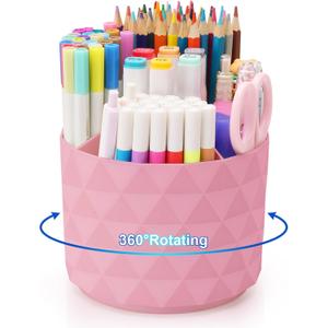 Desk Organizer, 360-Degree Rotating Pencil Pen Holders For Desk, Diamond Pattern Pen Organizer With 5 Compartments, Cute Desk Accessories Decor For Office, School,Home,Art Supply (Pink)