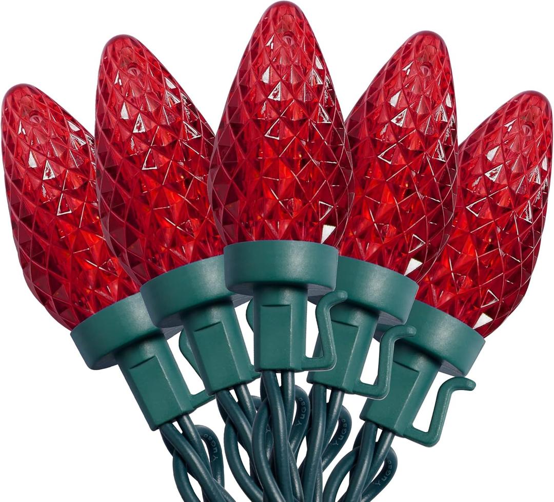 C9 Valentines Lights, 50 LEDs 24.5 FT Christmas Faceted String Lights Connectable Commercial Grade Indoor Outdoor, 120V UL Certified Xmas Strawberry Light Strand for Patio Holiday Parties, Red (24.5 FT, Red)