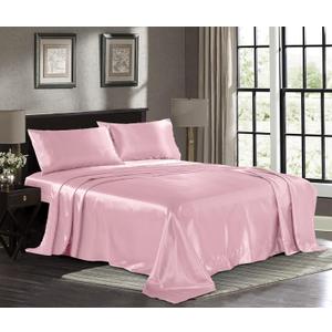Pure Bedding Satin Sheets Queen [4-Piece, Pink] Hotel Luxury Silky Bed Sheets - Extra Soft 1800 Microfiber Sheet Set, Wrinkle, Fade, Deep Pocket Fitted Sheet, Flat Sheet, Pillow Cases