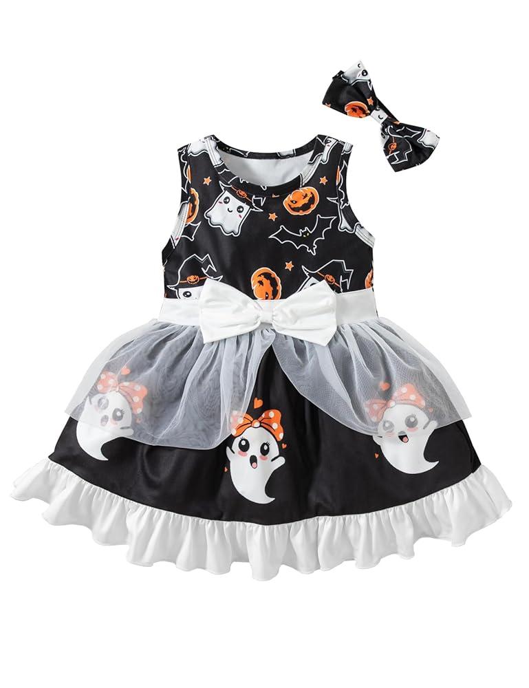 LATOBREATH Baby Girl Halloween Ghost Pumpkin Princess Costume Dress With Headband Clothes Set（12Y）