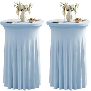 Qubjus 2 Pack Round Cocktail Tablecloths Stretch Table Skirt - 32x43 inch Bar High Top Stylish and Elegant Cocktail Table Covers for Parties, Weddings, Holidays - Light Blue
