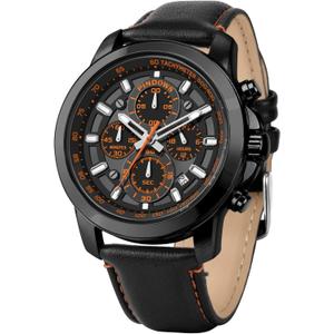 PINDOWS Watches for Men, Men's Analog Quartz Chronograph Watches Waterproof Business Casual Dress Watch with Black Brown Leather Strap (Black Case Black Band Orange Face)