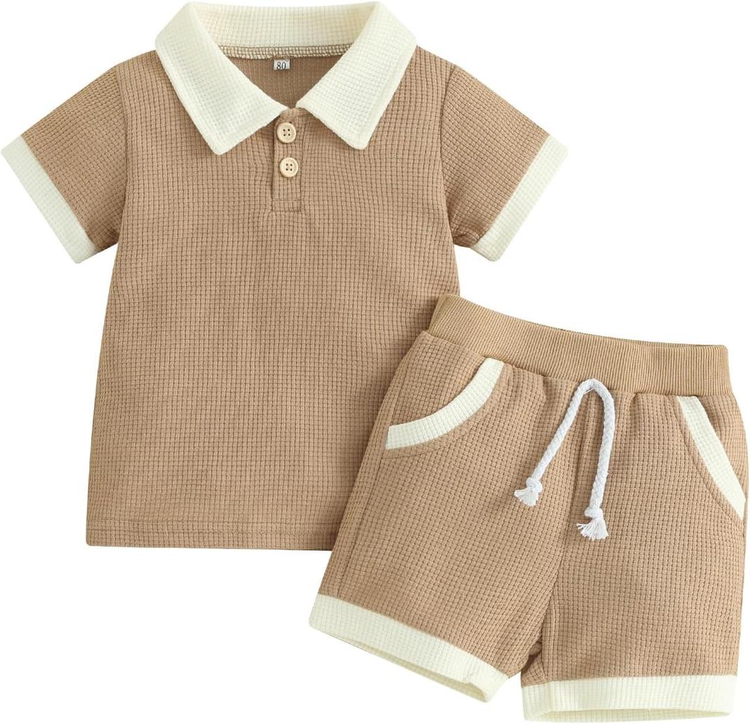 Kuriozud Newborn Baby Boy Summer Clothes Button Short Sleeve Romper Bodysuit Shorts Set Toddler Soft Waffle Outfit (3-4T, Lapel Shirt Khaki)