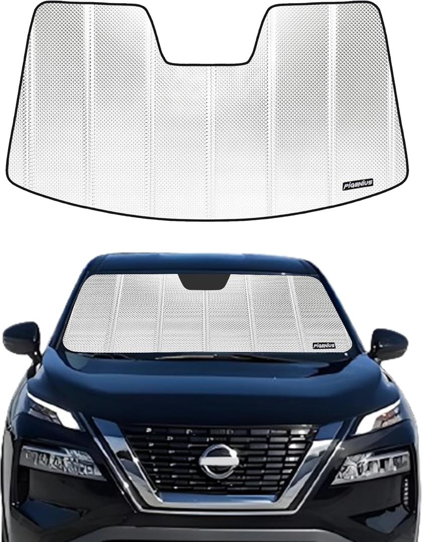 Windshield Sun Shade for 2021-2025 Nissan Rogue. Front Window Sunshade with Storage Bag (Shiny Silver (Classic))