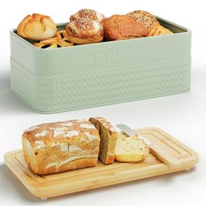 Bread Box for Kitchen Countertop,Metal Bread Storage Bin with Bamboo Cutting Board Lid, Includes Bread Knife, Fits Sourdough & Buns, Stylish Organize (Green)