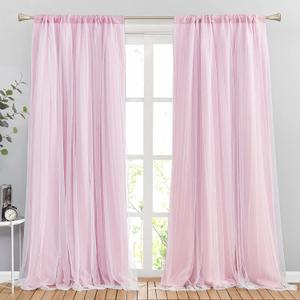PONY DANCE Pink Curtains for Bedroom - Double-Layered Curtains for Nursery Girls with Tie-Backs Sheer Drapes Light Blocking, 52 inch Wide by 84 inch Length, Pink, 2 Pcs