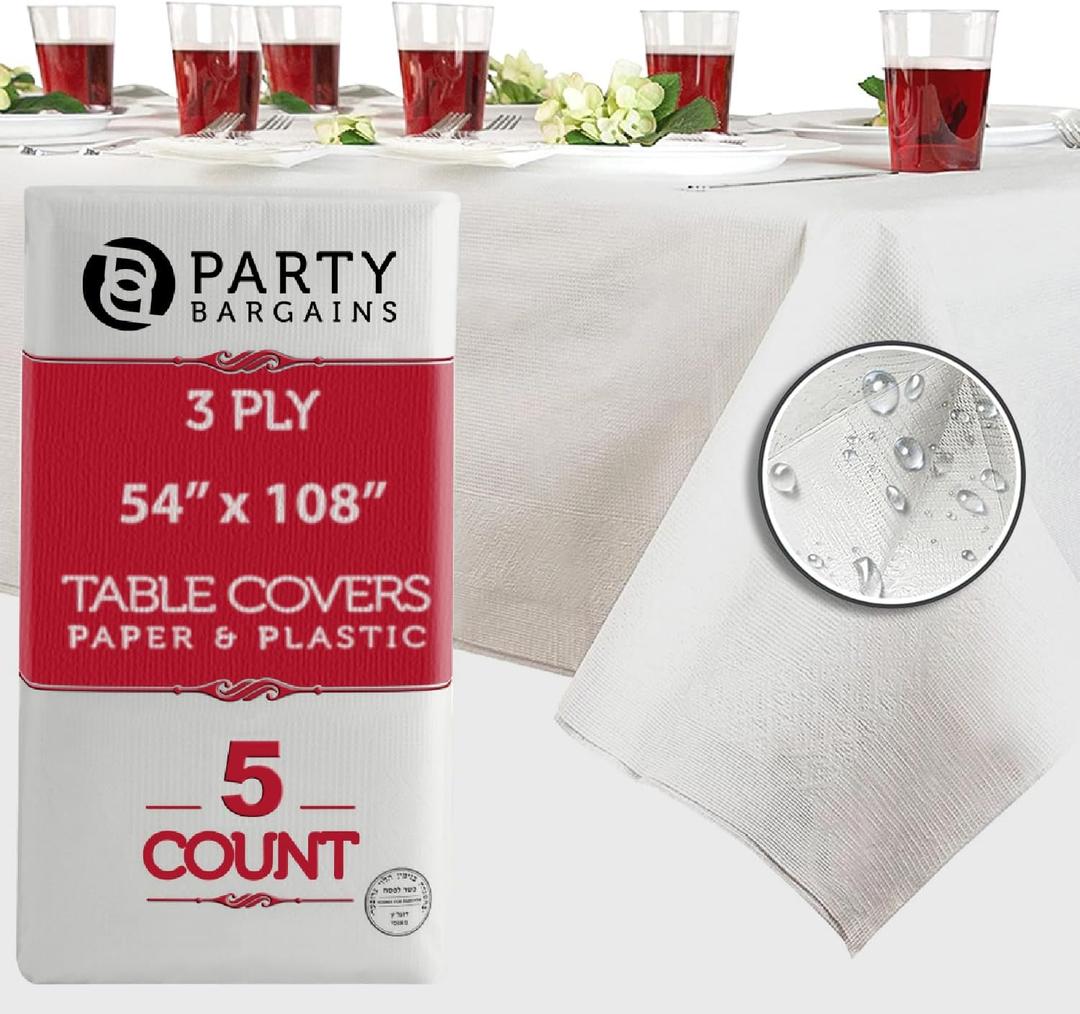PARTY BARGAINS 5 Disposable Table Covers - 54" X 108", 3 Ply Paper & Plastic White Table Cover