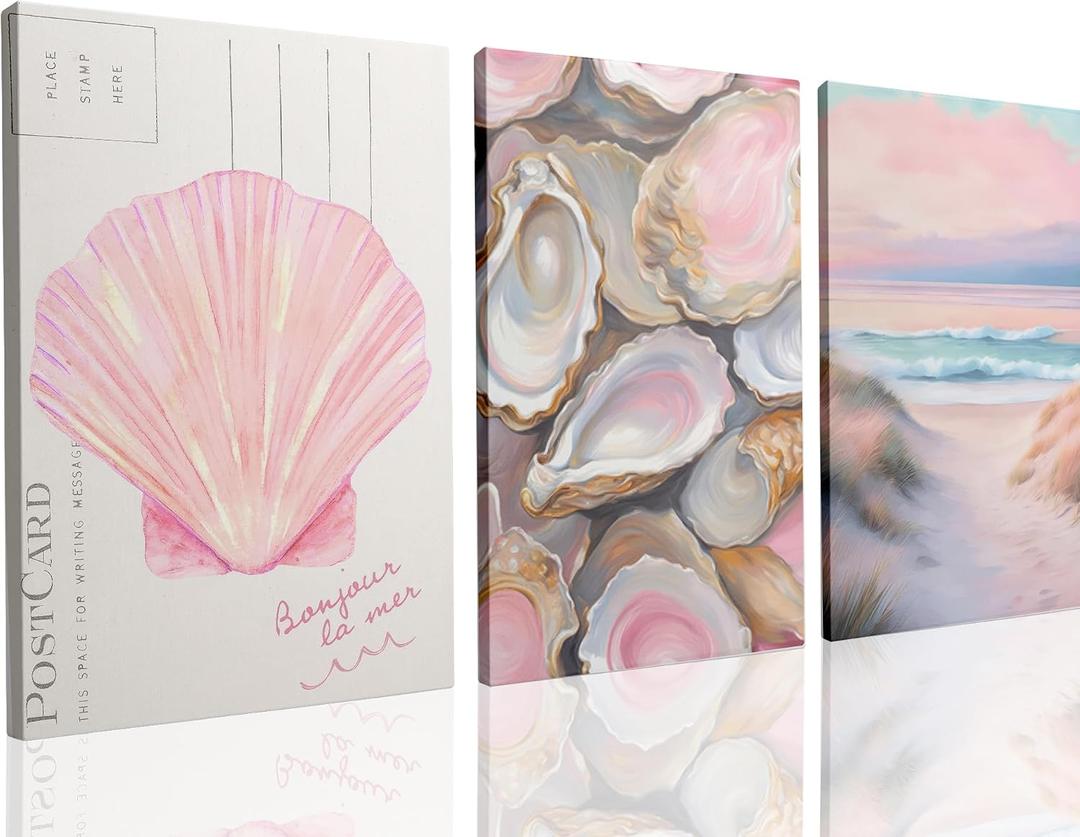 Framed Preppy Coastal Canvas Wall art Pink Beach Daughter Aesthetic Room Wall Decor Shells Oyster Paintings Picture Summer Poster Print for Girls Room Girls Dorm Home Decoration 24"16"