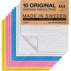 SUPERSCANDI 10 Pack Swedish Dishcloths for Kitchen - 100% Biodegradable & Compostable | Reusable Paper Towels Washable, Food-Safe & Without Plastic - Dish Rags Suitable for Any Surface | Multicolor
