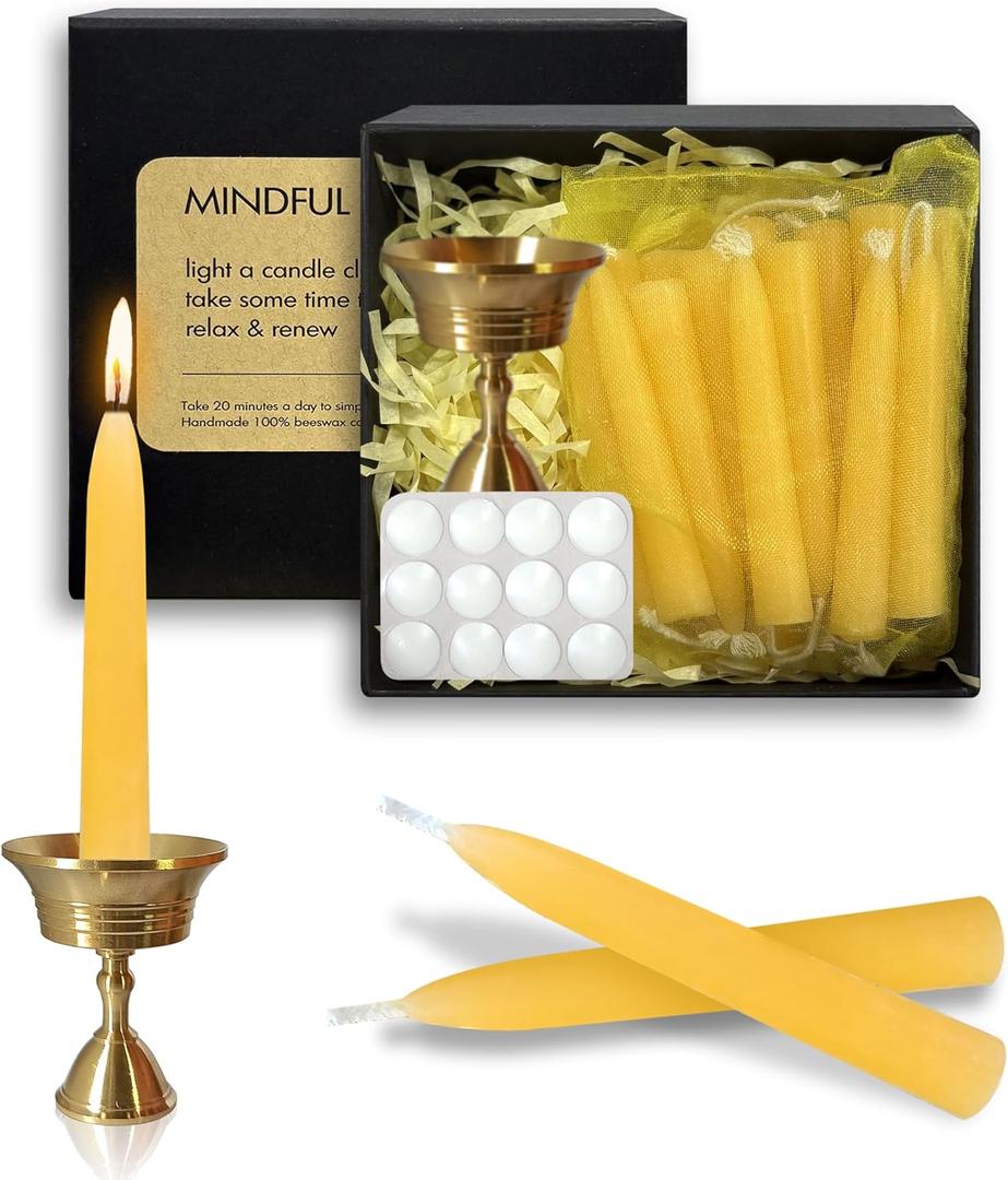 20 Min Beeswax Meditation Candles  30 Pack, Includes Mini Candle Holder & 12 Wax Dots, Slow Burn, Natural Unscented, Yoga Prayer Mindfulness & Relaxation