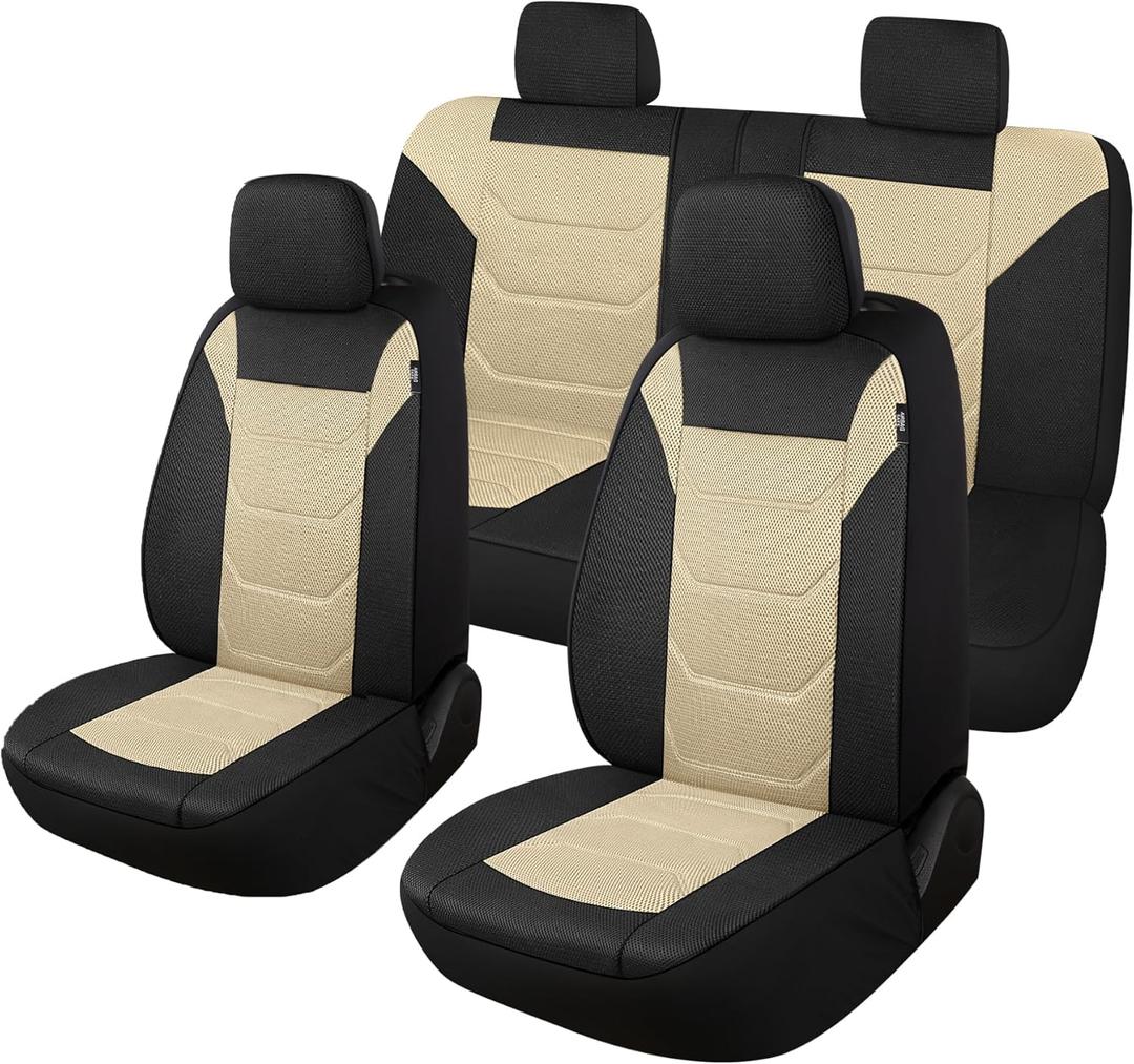 Pariiaotin 3D Air Mesh Car Seat Cover Full Sets Washable and Breathable Premium Cloth Automotive Vehicle Seat Covers for Cars Interior, Universal Fit for Most Cars, Sedan, Truck, SUV(Black/Beige)
