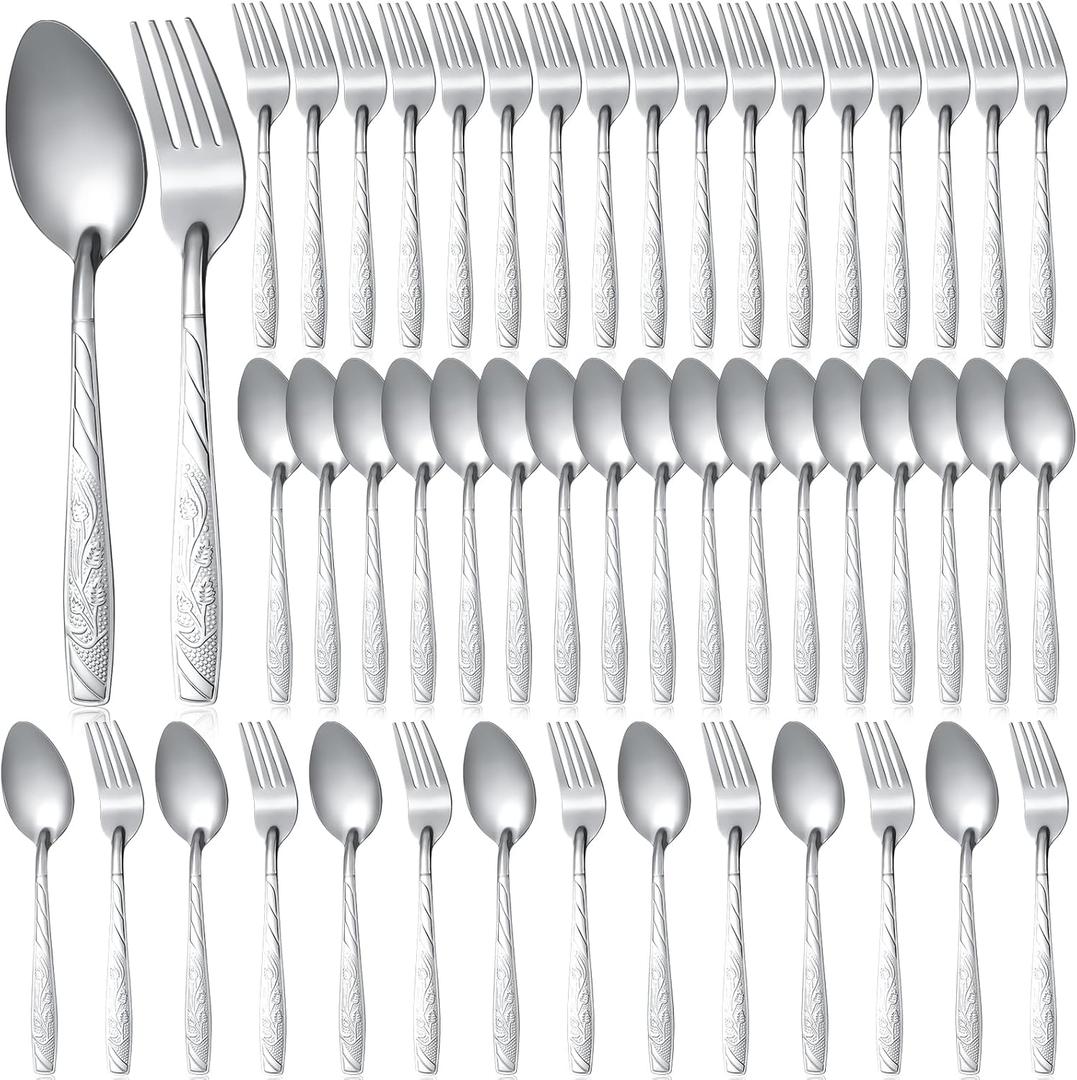 50 Pcs Forks and Spoons Silverware Set Stainless Steel Flatware Cutlery Set Heavy Duty Metal Spoons and Forks for Kitchen Utensil Dinner Restaurant Home, Mirror Polished, Dishwasher Safe(Flower)