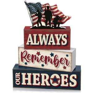 Yuntau 4 Pcs Memorial Day Table Decor Patriotic Always Remember Our Heroes Wooden Sign Fourth of July Tiered Tray Decor Red White Blue Table Centerpiece for Home Office Desk Shelf Mantel Decorations