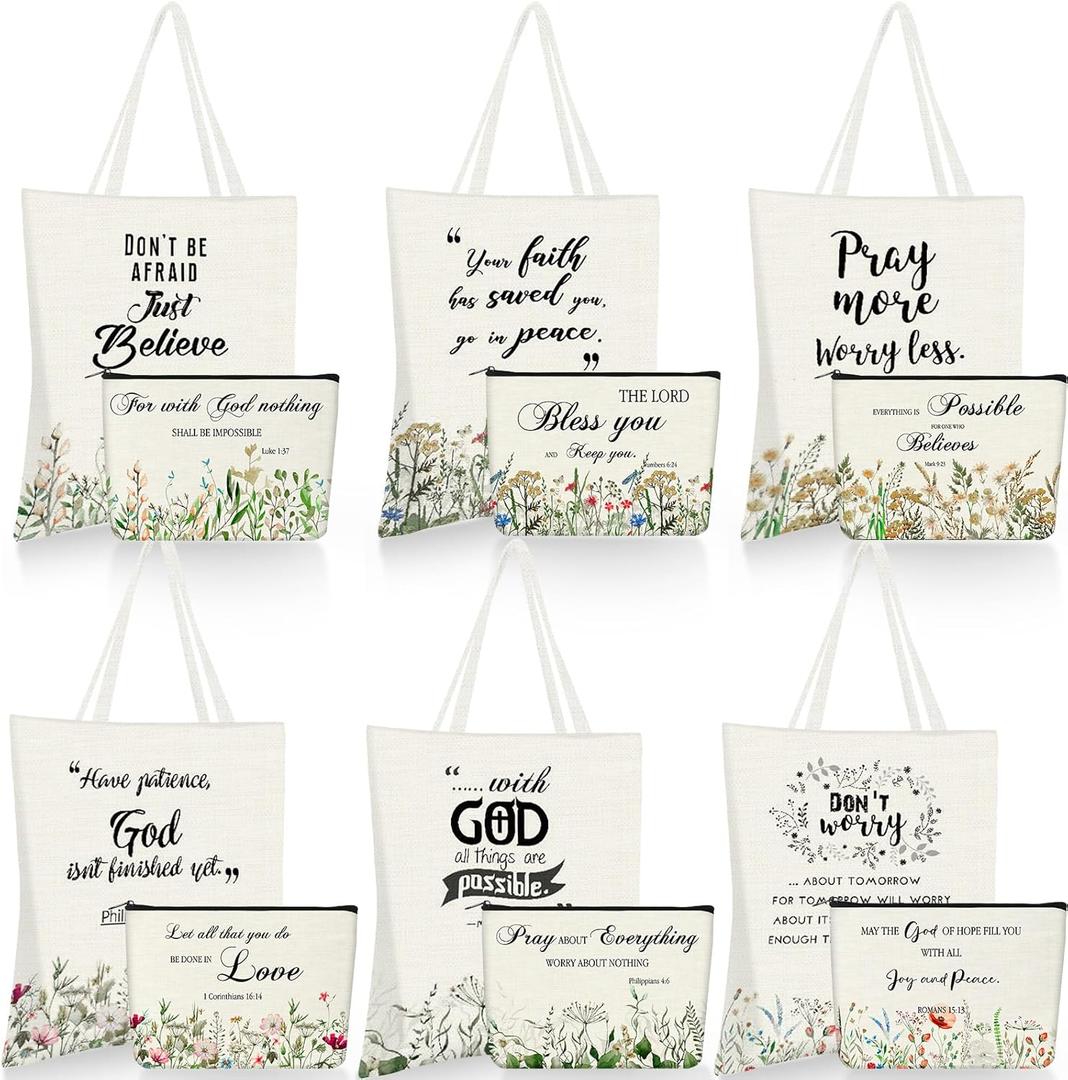 Aliceset 12 Pcs Christian Gift for Women Including 6 Bible Verse Tote Bags 6 Inspirational Makeup Bags with Zipper Religious Motivational Christian Gifts for Coworkers Church(Beige,Classic)