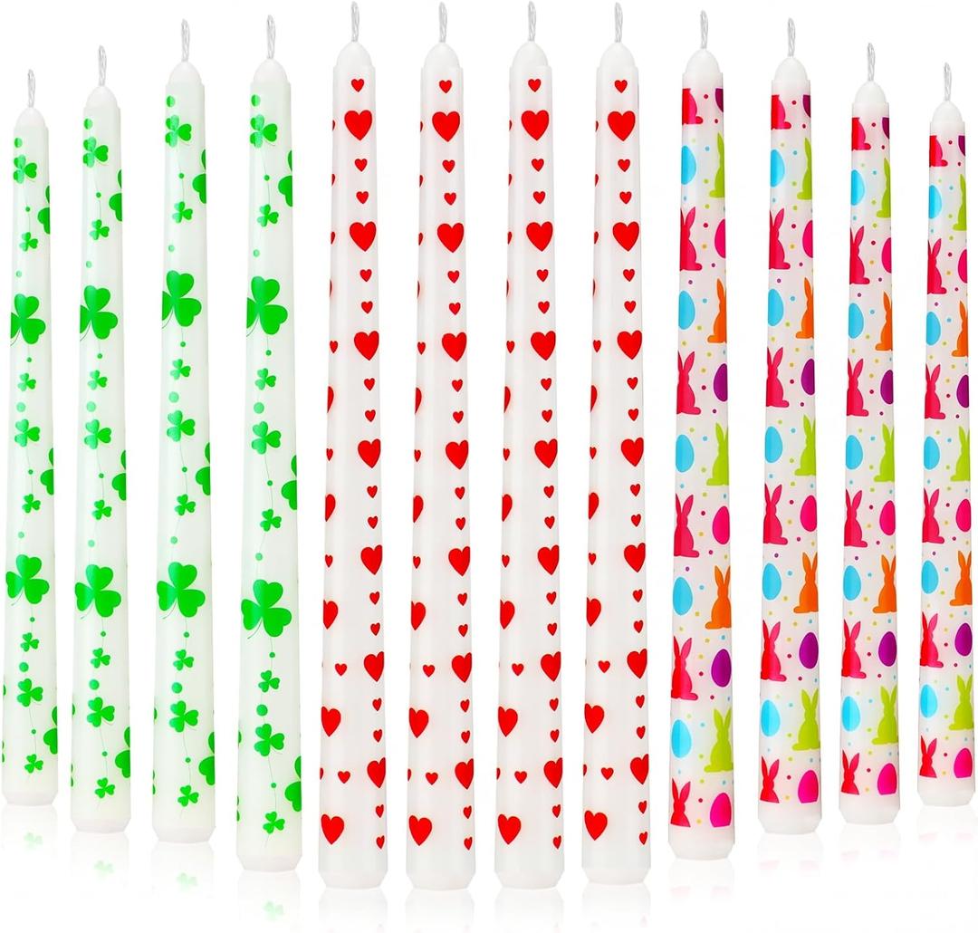 Nuanchu 12 Pcs 10'' Valentine's Day Taper Candles for Valentines, St. Patrick's Day and Easter Decorations for Table Red Heart Shamrocks Bunny Egg Candles Gift for Anniversary Wedding Irish Home Decor