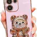 Kwhapoo Cute Compatible with Samsung Galaxy S22 Ultra 6.8 inch Stand Case,Luxury 3D Gold Color Beads Quicksand Girly Cartoon Bear Kickstand for Women,Soft TPU Shockproof Love Hearts Cases(Purple)
