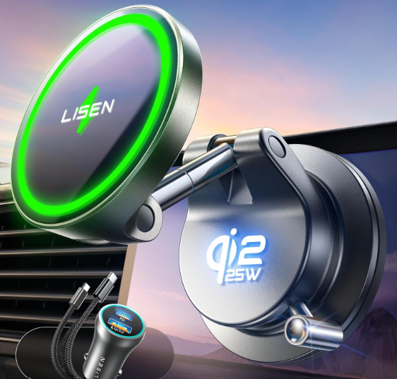 LISEN Qi2.2 25W Magsafe Car Mount Charger,[More Stable & Faster Charging] Suction Cup Phone Mount, Wireless Car Charger 25W Magnetic Car Phone Charger for iPhone 17 16,15W for iPhone 17e 15 14 13 12