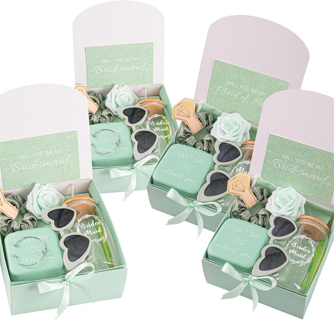 Set of 4 Green Bridesmaid Proposal Gifts, Maid of Honor Gift - Wedding Gift Box Jewelry Box Makeup Bag Bracelet Foam Flower Invited Card Glasses Cup Hair Tie for Bridal Shower Bachelorette Party