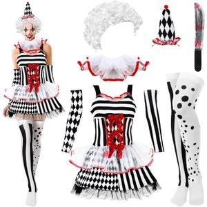 Newcotte 7 Pcs Women Halloween Scary Costume Set Clown Costume Clown Dress Wig Stockings Plastic Sword Hat (Large)