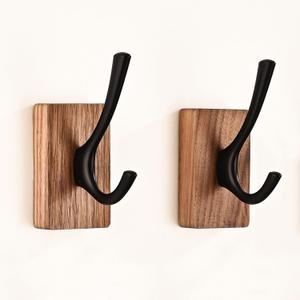 2 Pack Walnut Wood Wall Coat Hooks for Hanging, Adhesive Mounted & Wall Mount Heavy Duty Decorative Wooden Double Hook hanger for Towel Backpack Hat Jacket Clothes Blanket Purse Closet Robe Key