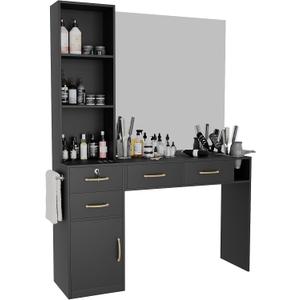 Barber Salon Station for Hair Styling  Professional Salon Station with 1 Cabinet, 3 Open Compartments, and 4 Drawers (One Lockable)  Includes Blow Dryer Rack, No Mirror, Black Beauty Spa Furniture