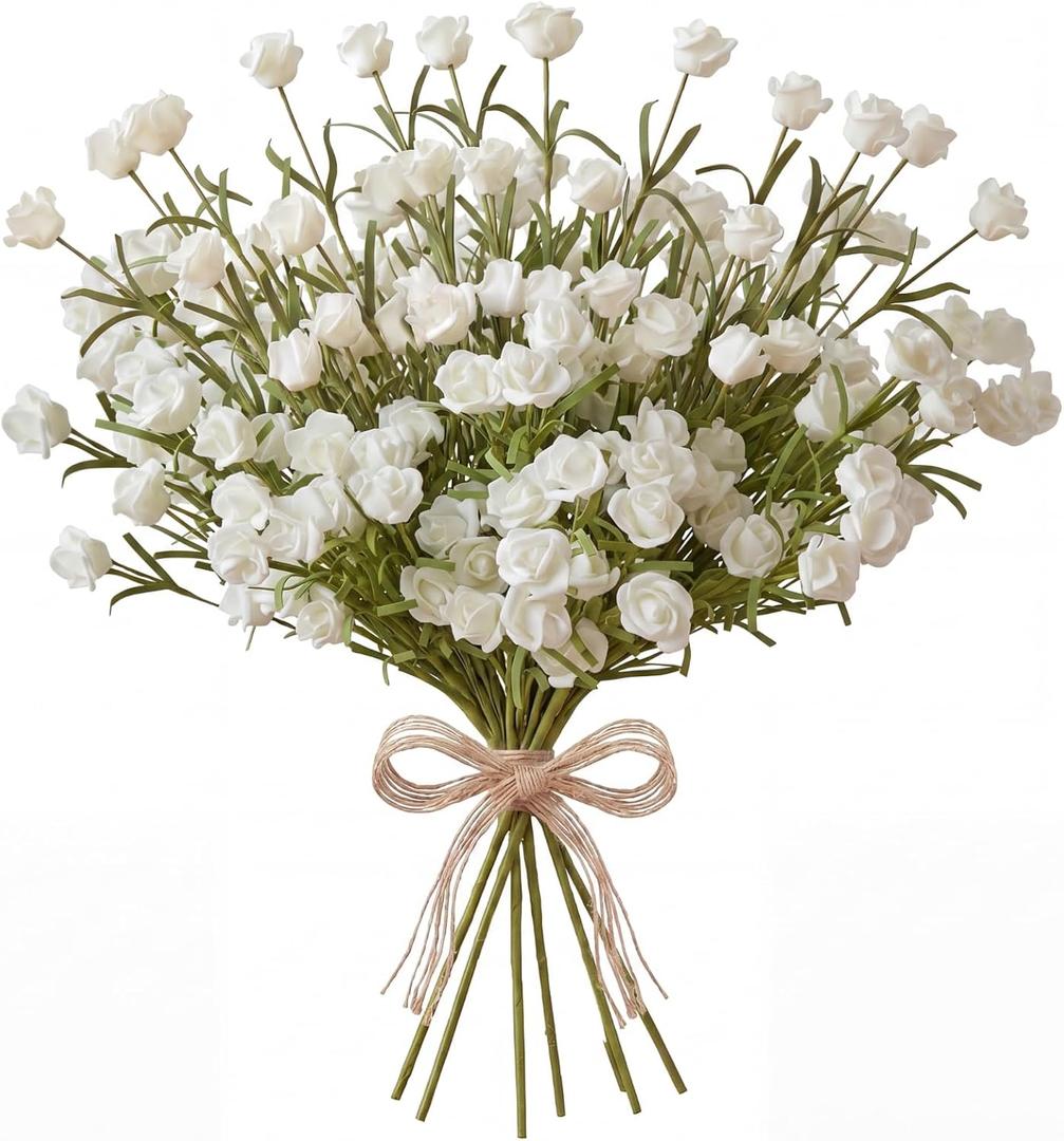 6 Pcs Mini White Rose Artificial Flower Bouquet Mini Fake Roses with Long Stem Realistic Foam Rose Bouquets for Bride Shower Wedding Party Table Centerpieces Home Decor Ation Gift for Women