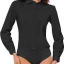 Allegra K Button Down Bodysuit Blouse for Women Collared Shirts Long Sleeve Work Business Casual Bodysuits Top (Large)