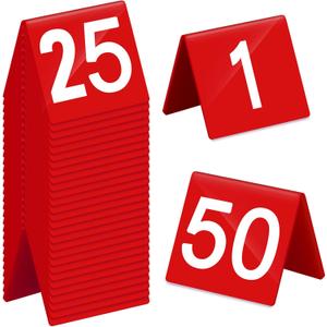 Tuanse Table Numbers 1-50 Acrylic Double Side Numbered Table Tents Restaurant Wedding Number Cards Signs for Banquets Party Wedding Reception(Red)